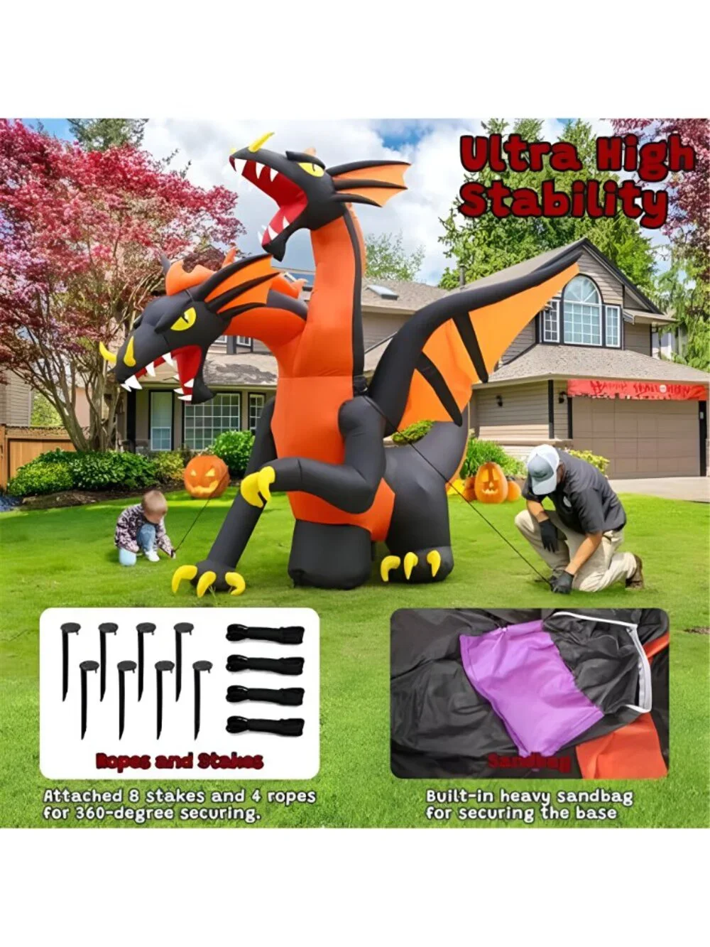 9.5 FT Giant Halloween Inflatable Double Headed Dragon, Blow up Festival Yard